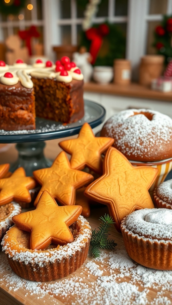 A festive assortment of British Christmas baked goods including fruitcake, gingerbread cookies, and mince pies on a decorated table.